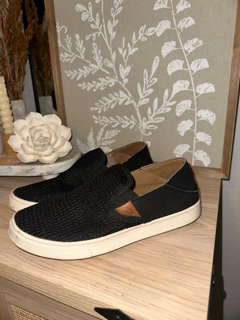 Olukai // Women’s Black Slip-On Knit Casual Sneakers with rubber sole